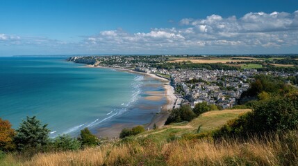 Obraz premium Panoramic coastal view of a seaside town, with sandy beach and cliffside vegetation under blue sky
