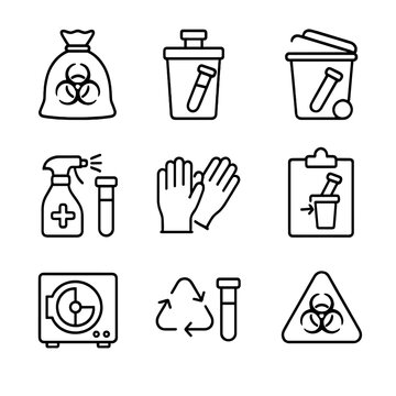 Test Tube Waste Icons. Outline icon set of test tube waste management: biohazard bag, sharps container, waste bin, decontamination