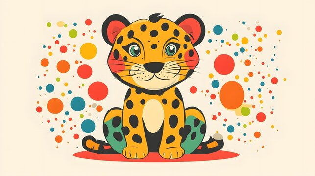 Digital illustration of a cute, cartoon-style leopard sitting on a red background surrounded by colorful circles.