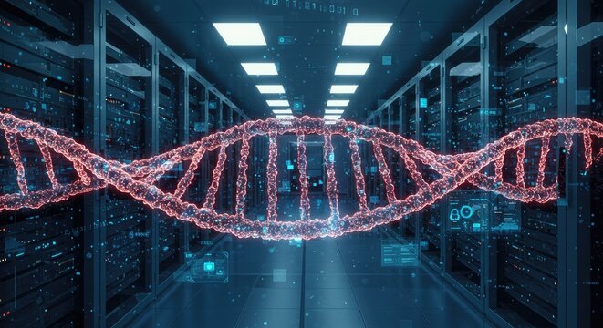 Intricate digital representation of a double helix dna structure inside a modern data center