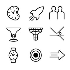 Obraz premium Time Dilation Icons. Outline icon set of time dilation concepts: clock face warped, spaceship silhouette near light speed, twin