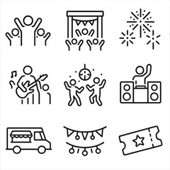 Fototapeta premium Event Icons Outline. Outline icon set of event cheering: concert crowd, festival stage, fireworks, live band, dance floor, DJ