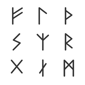 Runic Icon Grid. Outline icon set of runic characters: Fehu rune, Ansuz rune, Algiz rune, Sowilo rune, Thurisaz rune, Raidho rune,