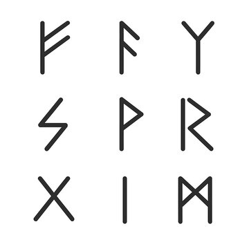 Runic Icon Grid. Outline icon set of runic characters: Fehu rune, Ansuz rune, Algiz rune, Sowilo rune, Thurisaz rune, Raidho rune,