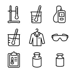 Fototapeta premium Scientific Temperature Icons. Outline icon set of scientific temperature measurement: lab thermometer in stand, beaker with