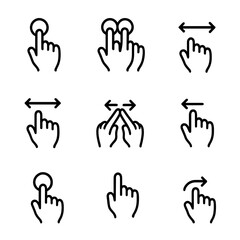 Obraz premium Touch Gesture Icons. Outline icon set of touch gestures: tap, double tap, swipe left, swipe right, pinch, zoom out, long press,