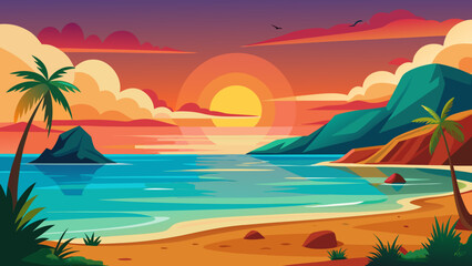 Vector art of colorful sunset illuminating a tropical beach with palm trees and serene ocean waters, creating a picturesque vacation scene
