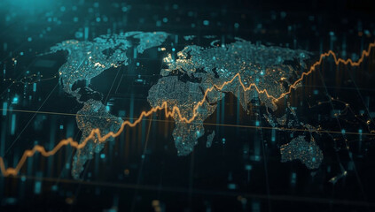 A glowing orange financial chart rises over a digital world map representing global economy and data.