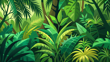 Vector art of lush and dense tropical jungle foliage with vibrant green leaves and plants, showcasing the rich biodiversity of a rainforest environment