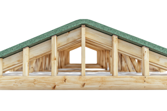 Close up view of a wooden roof truss structure isolated on transparent background. Exploded view of a roof structure showing wooden framework insulation on a white background.