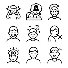 Fototapeta premium Trauma Symptoms Icons. Outline icon set of trauma symptoms: anxiety, nightmares, flashbacks, panic attack, crying, insomnia,