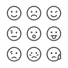 Facial Expression Icons. Outline icon set of facial expressions: smile, frown, wink, raised eyebrow, open mouth, tongue out, tears