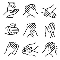 Skincare Application Icons. Outline icon set of application techniques: dispense lotion, rub palms together, spread on forearm,