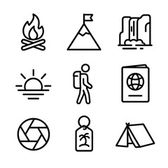 Travel Icons Grid. Outline icon set of journey experiences: campfire, mountain peak, waterfall, sunrise, backpacker, passport,
