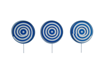 Blue and white spiral lollipops isolated on transparent background. White bullseye targets with arrows in the center shown on a white background.