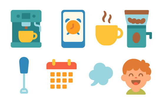 Smart Coffee Delight. Flat vector mini-illustrations smart coffee maker scheduling in colors children's illustrations: coffee