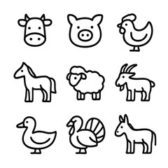 Fototapeta premium Farm Animal Icons. Outline icon set of farm animals: cow, pig, chicken, horse, sheep, goat, duck, turkey, donkey. Line icons in