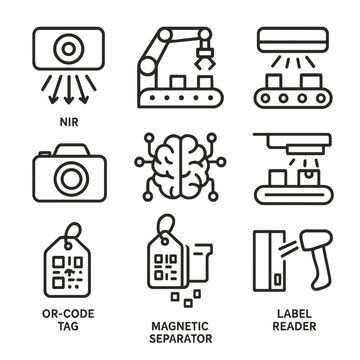 Smart Sorting Icons. Outline icon set of smart sorting technologies: NIR sensor, robotic arm sorter, conveyor scanner, AI brain