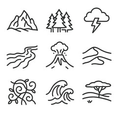 Untamed Nature Icons. Outline icon set of untamed nature elements: rugged mountains, dense forest, wild river, thunderstorm,