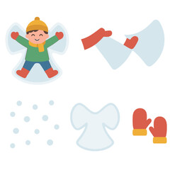 Fototapeta premium Snow Angel Fun. Flat vector mini-illustrations of making snow angels in colors children’s illustrations: child lying in snow, arm