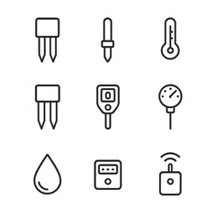 Soil Monitoring Icons. Outline icon set of soil monitoring sensors: soil moisture probe, pH sensor, temperature probe, nutrient