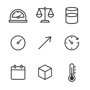 Jupiter System Metrics Icons. Outline icon set of Jupiter system scale metrics: equatorial radius gauge, mass scale icon, volume