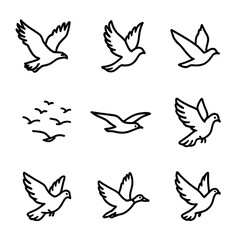 Birds in Flight Icons. Outline icon set of birds in flight: soaring eagle, flapping wings, bird silhouette midair, migrating flock