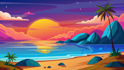 Fototapeta premium Vector art of exotic beach scene at twilight with a large, glowing sun setting over the tranquil sea, framed by silhouetted mountains and lush palm trees under a colorful sky