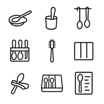 Kitchen Utensil Icons. Outline icon set of tablespoon accessories: spoon rest, spoon holder, hanging hook, utensil organizer,