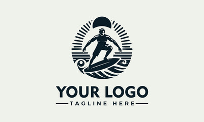 Silhouette of a surfer riding a wave, framed in a circle with sun rays, creating a dynamic and stylized logo design.