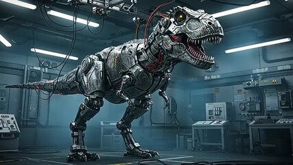 Robotic dinosaur in a futuristic laboratory setting with advanced technology and equipment - Powered by Adobe