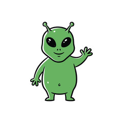 A friendly green cartoon alien with large black eyes waving its hand.