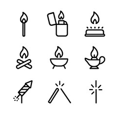 Fototapeta premium Fire Source Icons. Outline icon set of fire sources: matchstick, lighter, gas burner, wood logs, fire pit, oil lamp, firework,