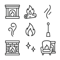Fireplace Icon Set. Outline icon set of fireplace and ember glow: fireplace mantel, burning log outline, ember glow lines, smoke