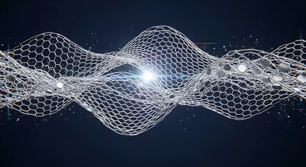 Abstract hexagonal mesh structure waves with glowing light in science and technology background