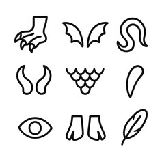 Magical Creature Icons. Outline icon set of magical creature attributes: claws, wings, tails, horns, scales, fangs, eyes, hooves,