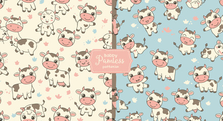 Two adorable cow pattern designs, perfect for baby or children's textiles.
