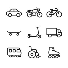 Fototapeta premium Wheel Vehicles Icons. Outline icon set of wheel-related vehicles: car, motorcycle, bicycle, skateboard, scooter, truck, train,