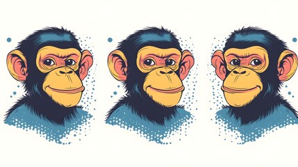 Digital illustration of a smiling chimpanzee head with blue splatter background.