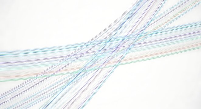 Abstract composition featuring intersecting lines of various soft colors against white background.