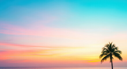 Obraz premium vibrant pastel sunset over the ocean with a lone palm tree silhouette on the horizon