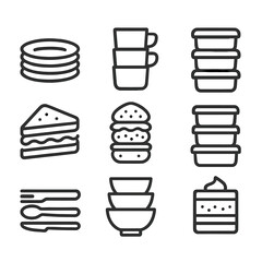 Food Service Icons. Outline icon set of stack in food service: plate stack, cup pile, tray layers, sandwich layers, ingredient