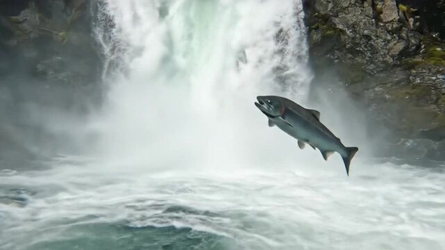 A powerful shot of salmon leaping up a waterfall, fighting the strong current to swim upstream, a symbol of instinct and perseverance.