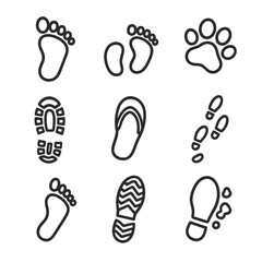 Footprint Icon Set. Outline icon set of footsteps: human footprint, baby footprint, animal paw print, boot print, sandal print,