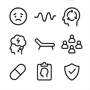 Mental Health Icon Grid. Outline icon set of mental health comorbidity: depression mood outline, anxiety wave icon, bipolar cycle