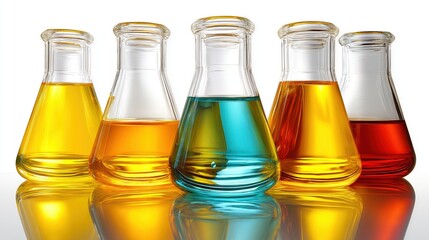 Glass Beakers Filled With Colorful Liquid Solutions in Scientific Lab Setup on Isolated White Background