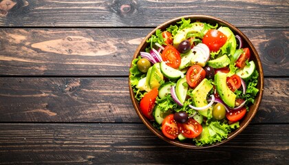 Top view of a fresh and healthy vegetarian salad with avocado, cherry tomatoes, and olives on a rustic wooden background with copy space.