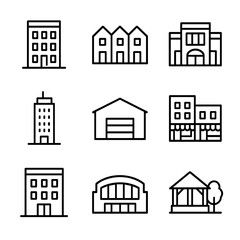 Urban Development Icons. Outline icon set of residential and commercial development: apartment building, townhouse row, shopping