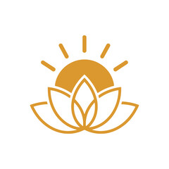 Stylized golden sun rising over a line art lotus flower.