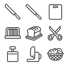 Obraz premium Bread Cutting Tools Icons. Outline icon set of bread cutting tools: bread knife, serrated knife, cutting board, slicing guide,